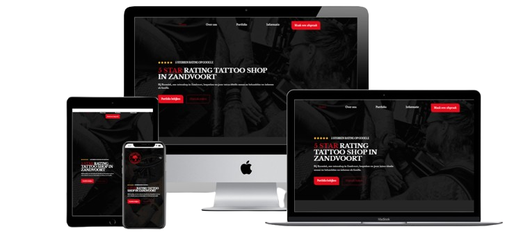 Boomink Tattoo shop website shown across desktop, laptop, tablet, and phone