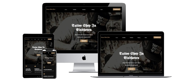 Danny's Tattoo website shown across desktop, laptop, tablet, and phone