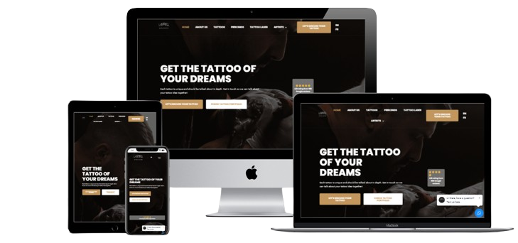 Lauras Tattoo website shown across desktop, laptop, tablet, and phone